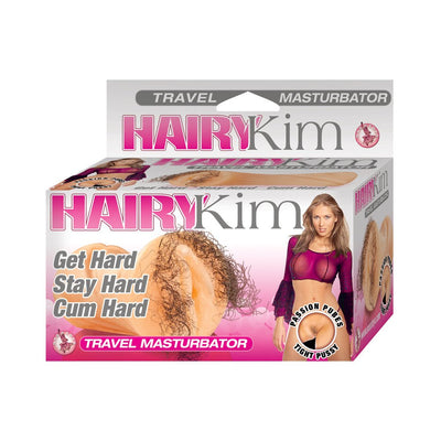 Packaging of Hairy Kim Travel Masturbator in beige with realistic hair detail and model image on front of box