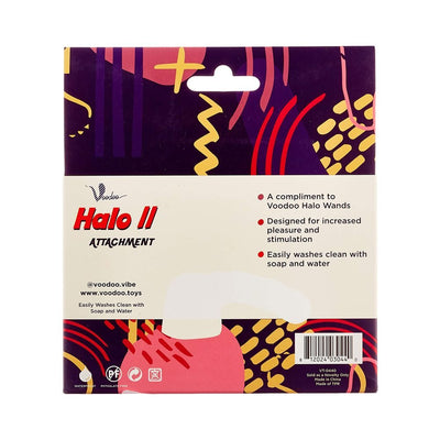 Packaging of Halo II attachment for Voodoo Halo Wands with colorful abstract design and product details on front.