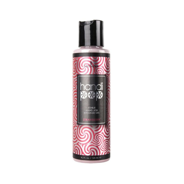 Bottle of Handipop edible handjob massage gel in strawberry flavor with red and white swirl design label and black flip cap.
