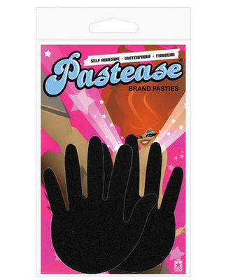 Pastease black hand-shaped pasties on colorful pink and orange illustrated packaging with retro design.