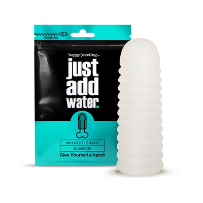 Happy Ending Just Add Water Whack Pack sleeve with textured, frosted white design next to resealable turquoise and black packaging.