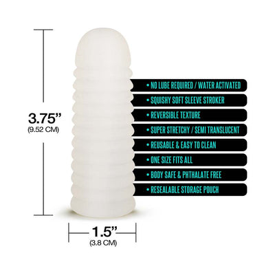 Semi-translucent ribbed self-lubricating sleeve measuring 3.75 by 1.5 inches with water-activated, reusable design.