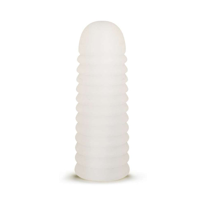 Frosted white self-lubricating masturbation sleeve with ribbed texture and rounded tip.