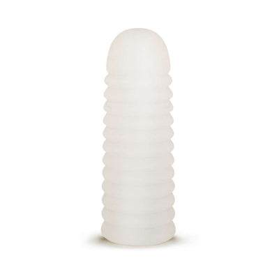 Frosted white self-lubricating masturbation sleeve with ribbed texture and rounded tip.