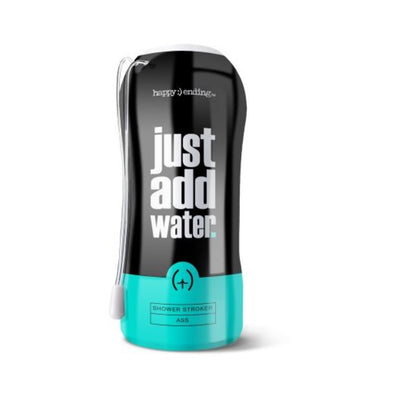 Happy Ending Just Add Water self-lubricating shower stroker in black and turquoise packaging with hang cord.