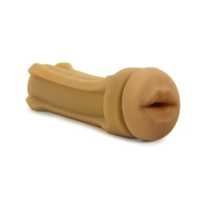 Beige self-lubricating shower stroker with mouth-shaped opening, designed for realistic sensation and easy use.