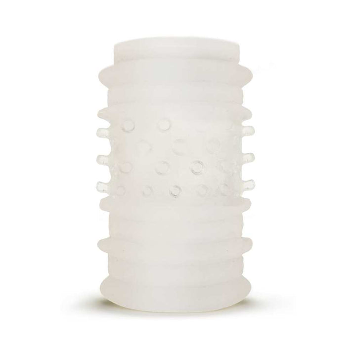 Frosted translucent textured self-lubricating cuff sleeve with raised nodules and rings for enhanced sensation.