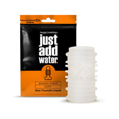 Happy Ending Just Add Water Whack Pack cuff with textured, semi-translucent sleeve and resealable orange and black packaging.
