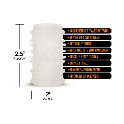 Semi-translucent white textured self-lubricating cuff stroker with size dimensions and key feature labels.