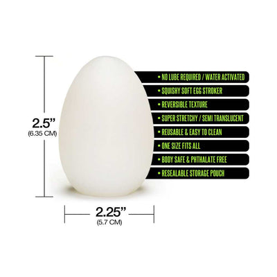 White semi-translucent egg-shaped self-lubricating sleeve with product features and dimensions displayed.