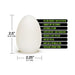 White semi-translucent egg-shaped self-lubricating sleeve with product features and dimensions displayed.