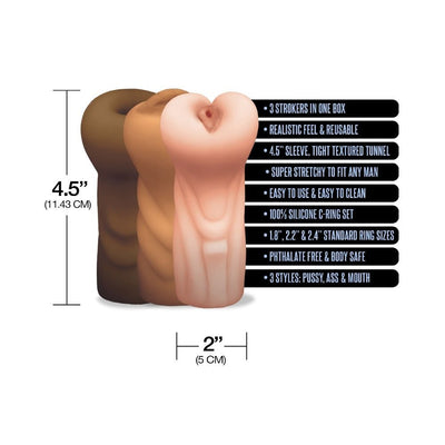 Set of three 4.5-inch realistic textured silicone strokers in varied skin tones with size and feature details.