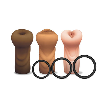 Set of three realistic textured strokers in varied skin tones with three black silicone rings in front on white background.