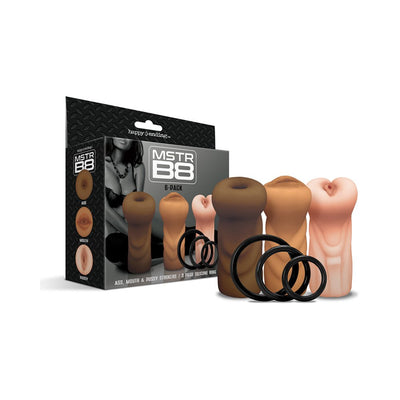 Set of three textured silicone strokers in varied skin tones with three black silicone rings and packaging box.