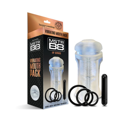 Global Novelties MSTR B8 Vibrating Mouth Pack with silicone rings and black vibrating bullet next to product box.