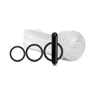 Clear textured oral sleeve with lip design, three black silicone rings, and a black vibrating bullet on a white background.