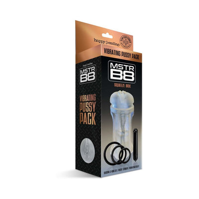 Packaging of Happy Ending Mstr B8 Vibrating Pussy Pack featuring a clear sleeve, three silicone rings, and a bullet vibrator.