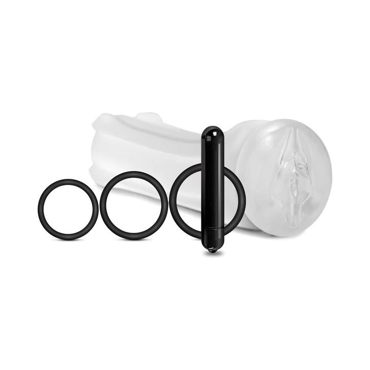 Clear textured 6-inch sleeve with three black silicone rings and a compact black vibrating bullet.