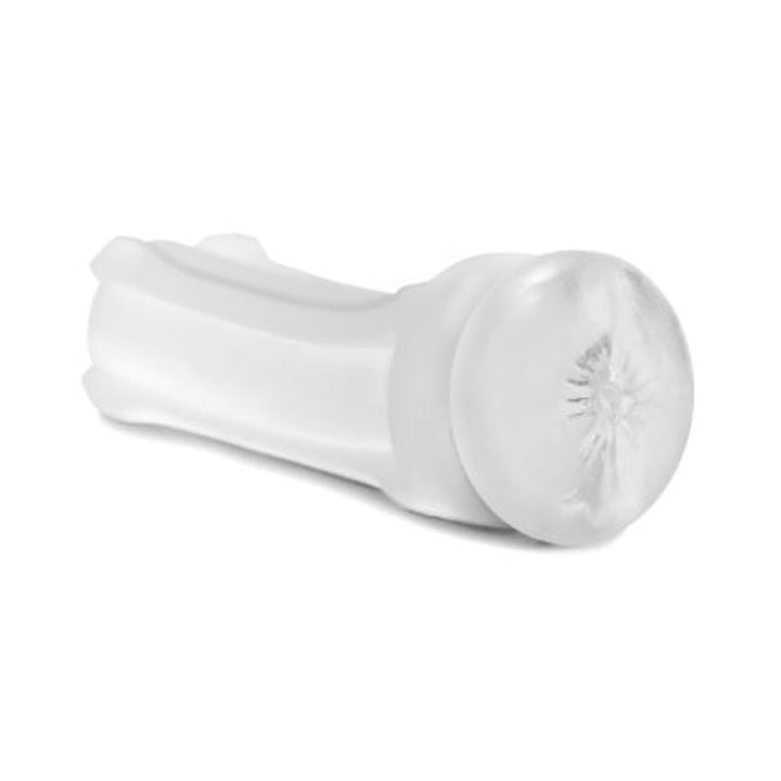 Clear, textured silicone stroker sleeve with a realistic tunnel design for reusable, easy-to-clean use.