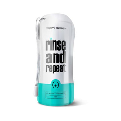Happy Ending Rinse and Repeat Classic Stroker in sleek white and teal packaging with black bold text.