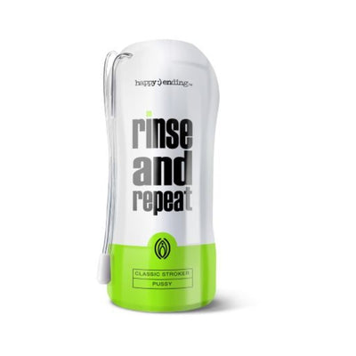 Happy Ending Rinse and Repeat Classic Stroker in white and green packaging with pull cord on white background.