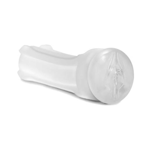 Clear textured reusable stroker sleeve designed for realistic sensation and easy cleaning.