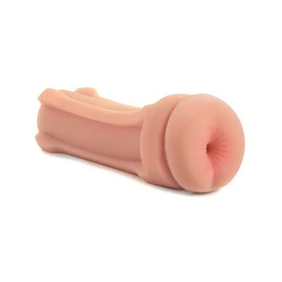 Compact self-lubricating shower stroker in flesh tone with realistic texture and adjustable suction design.