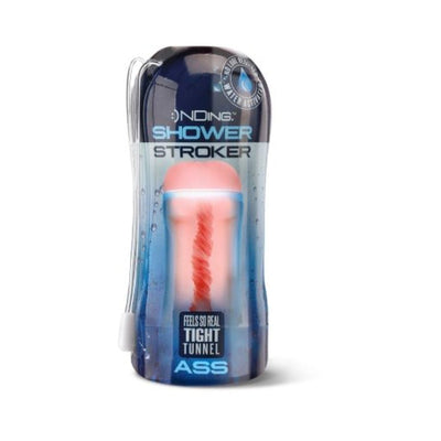 Happy Ending self-lubricating shower stroker in ass style with tight tunnel, packaged in clear blue water-activated case with hang cord.