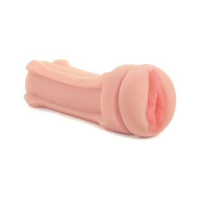 Soft pink self-lubricating shower stroker with realistic design and open-ended sleeve for easy cleaning.