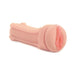 Soft pink self-lubricating shower stroker with realistic design and open-ended sleeve for easy cleaning.