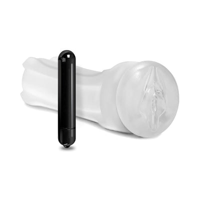 Clear textured self-lubricating stroker with realistic vaginal opening and black vibrating bullet accessory.