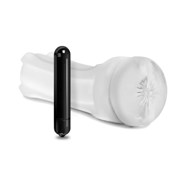 Clear textured shower stroker with black vibrating bullet beside it on white background.