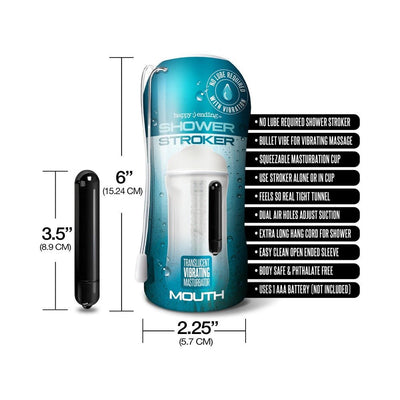 Compact vibrating shower stroker with translucent sleeve and bullet vibe, shown with size dimensions and product features.