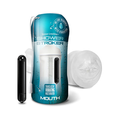 Global Novelties Happy Ending translucent vibrating shower stroker with mouth design and bullet vibrator next to packaging.