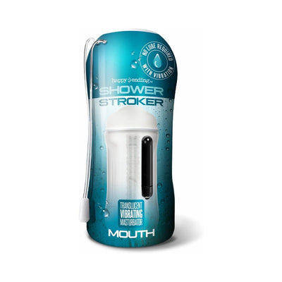 Translucent vibrating shower stroker with mouth design and attached hang cord in blue packaging.