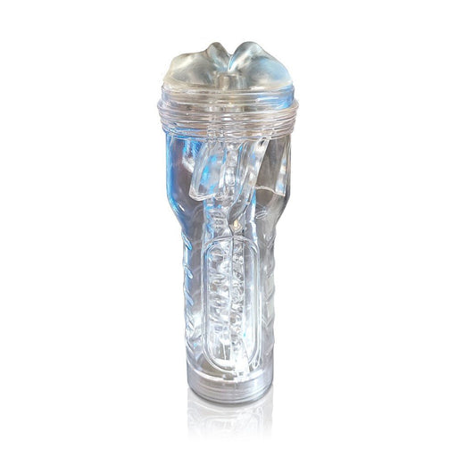Clear translucent mouth stroker with textured interior and no-slip canister on white background.