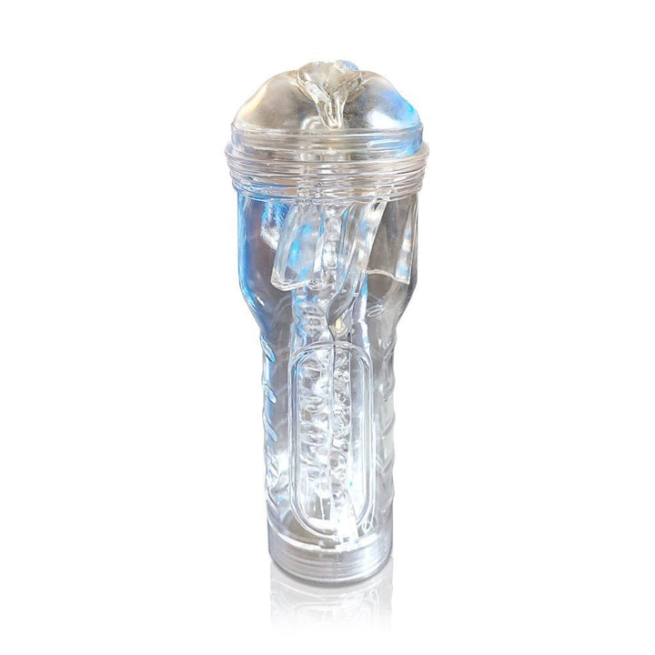 Transparent textured male stroker with clear canister and adjustable suction cap, designed for comfort and easy cleaning.