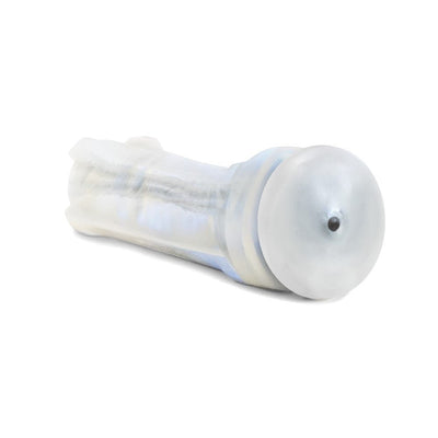 Clear textured stroker cup with flexible sleeve and adjustable suction design on white background.