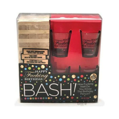 Happy Fucking Birthday Bash adult drinking game set with stacking blocks and four shot glasses in festive packaging.
