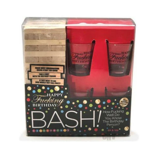 Happy Fucking Birthday Bash adult drinking game set with stacking blocks and four shot glasses in festive packaging.