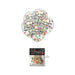 Set of five clear confetti-filled balloons with colorful confetti and bold birthday message, packaged for party use.