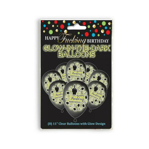 Package of 8 clear 11-inch glow-in-the-dark birthday balloons with bold text and hand gesture designs.