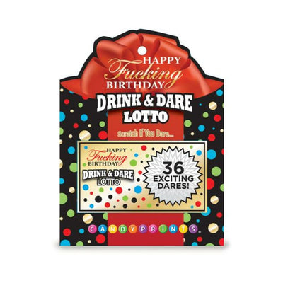 Happy Fucking Birthday Drink & Dare Lotto party game with 36 exciting dares and colorful polka dot packaging.