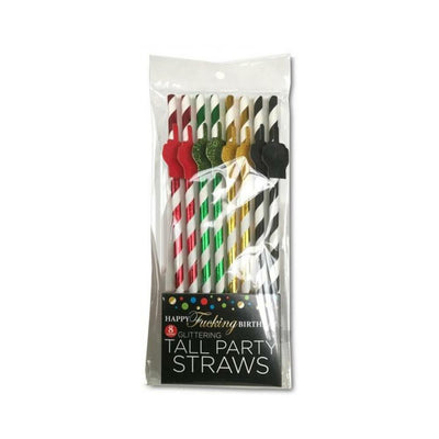 Pack of eight tall striped party straws with glittering hand decorations in red, green, gold, and black colors.