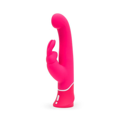 Bright pink silicone rabbit vibrator with curved G-spot shaft and dual clitoral stimulator, featuring control buttons at the base.