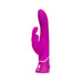 Bright pink silicone rabbit vibrator with curved G-spot shaft and dual motor design for targeted stimulation.