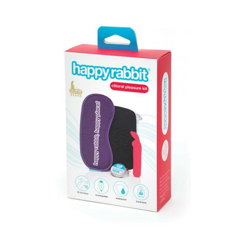 Happy Rabbit Clitoral Pleasure Kit packaging showing purple blindfold, pink bullet vibrator, menthol balm, and black storage case.