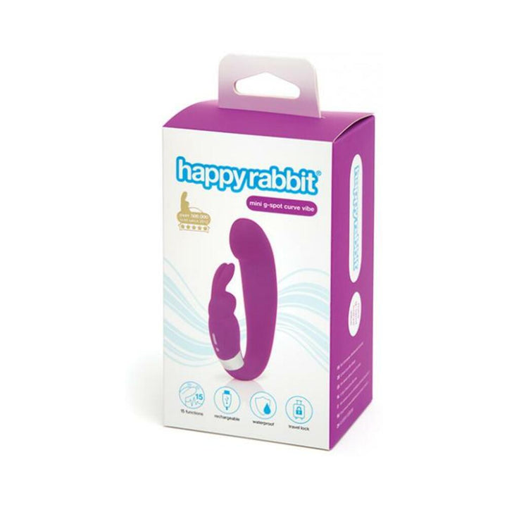 Packaging box of Happy Rabbit mini G-spot curve vibrator in purple and white with product features icons.