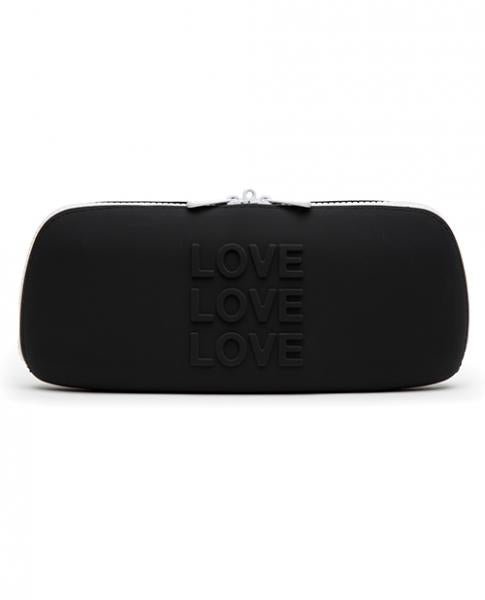 Medium black silicone storage zip bag with embossed LOVE text, designed for discreet and hygienic toy storage.