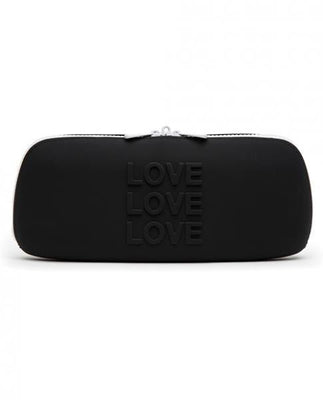 Medium black silicone storage zip bag with embossed LOVE text, designed for discreet and hygienic toy storage.